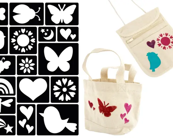 Ensemble de pochoirs pour créer des motifs sur des sacs en toile. Facile à utiliser pour un dessin pochoir facile.