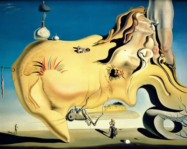 Un paysage surréaliste de Dali, avec des formes molles, une femme pleurant et des éléments étranges. Un dessin facile à imaginer.