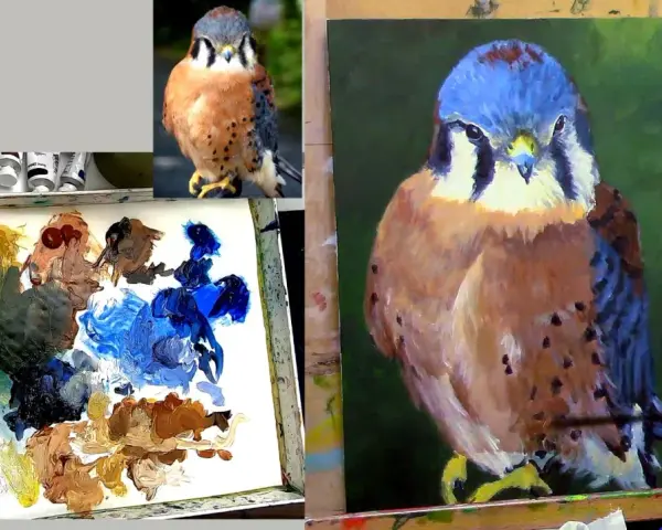 Peinture acrylique sur toile d'un faucon crécerelle, avec palette de couleurs et tubes de peinture.