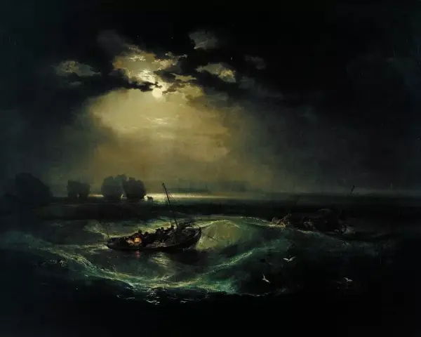 Un tableau clair obscur dramatique : des bateaux luttent contre des vagues déchaînées sous une lune voilée. La lumière perce les nuages, éclairant la scène maritime tourmentée.