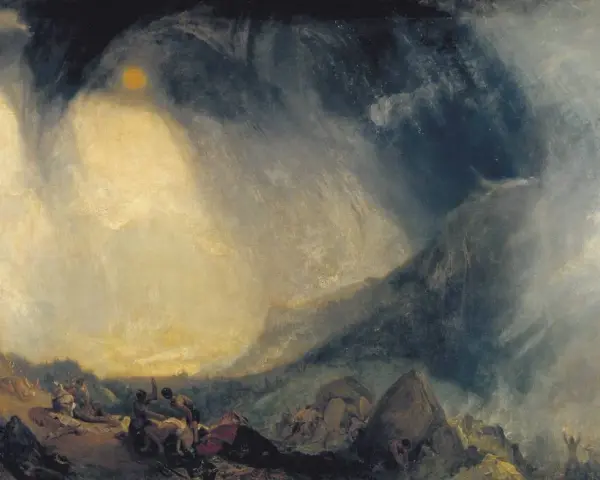 La plus connue œuvre de William Turner : un soleil jaune perce des nuages sombres sur un paysage montagneux où des figures humaines luttent contre les éléments.