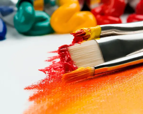 Pinceaux chargés de peinture rouge et jaune créent une œuvre vibrante. Idéal pour un débutant dessin peinture facile.