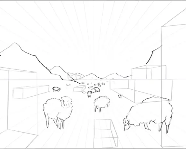 Un dessin en profondeur d'un paysage avec des montagnes, des bâtiments et des moutons.