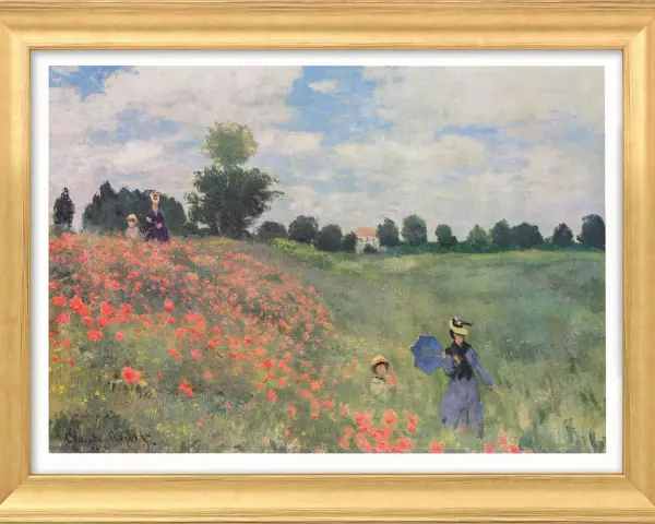 Tableau impressionniste de champs de coquelicots avec deux femmes et un enfant profitant d'une promenade ensoleillée.