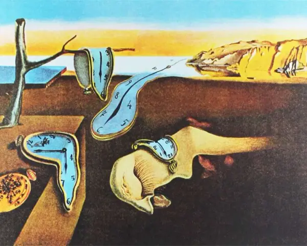 Le tableau de Salvador Dalí, La Persistance de la mémoire, présente des montres molles se fondant dans un paysage désertique surréaliste.