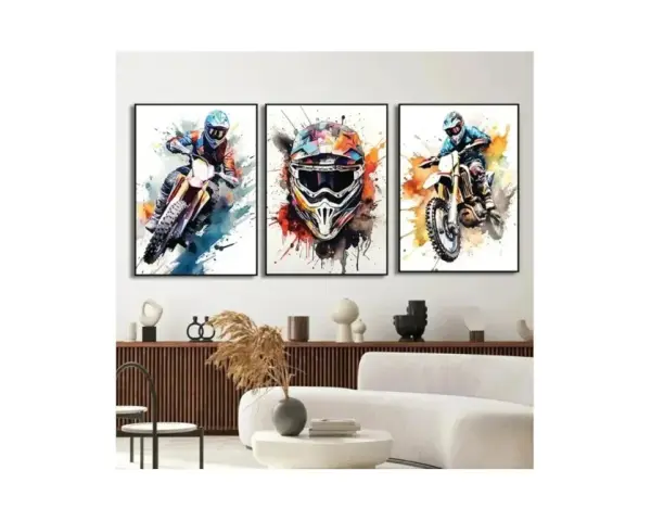 Trois tableaux moto cross en aquarelle, dynamiques et colorés, capturant l'adrénaline de la course.