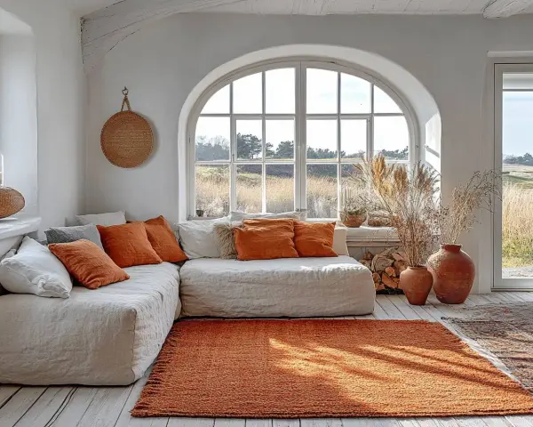 Un salon cosy avec un canapé blanc, des coussins orange et un tapis terracotta. Deux vases en terre cuite complètent ce coin de vie chaleureux.