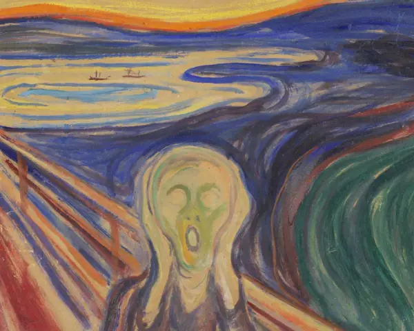 Le cri, célèbre tableau d'Edvard Munch, représente une figure angoissée sur un pont, le ciel embrasé et des silhouettes sombres.