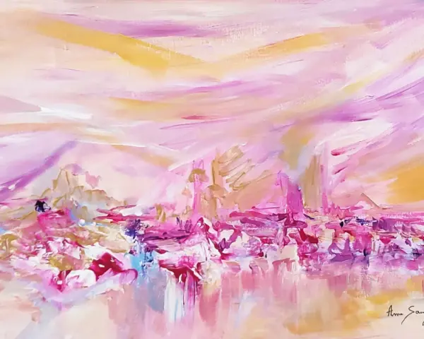 Peinture figurative abstraite aux tons roses et dorés, évoquant un paysage onirique et lumineux.