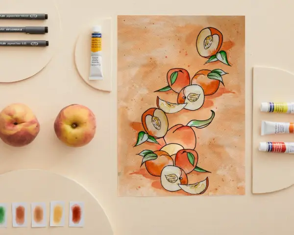 Une peinture de fruit aquarelle, avec des pêches entières et coupées, des tubes de peinture et des feutres.