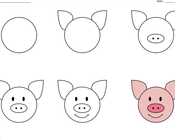 Étapes pour un dessin facile de cochon : un cercle, des oreilles, un groin, des yeux, puis un sourire.