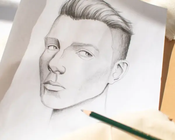 Un portrait au crayon, étape d'un tuto dessin réaliste. Le regard intense et la coiffure sont particulièrement réussis.