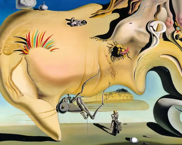 Un paysage onirique aux formes molles, typique des **œuvres surréalistes de Salvador Dalí**, avec des créatures étranges et des objets flottants.