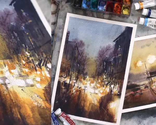 Peinture d'une ville connue la nuit, avec des lumières vives et des silhouettes sombres. L'artiste capture l'atmosphère d'une rue animée.