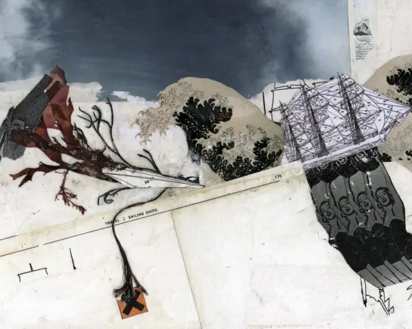 Art collage : un voilier navigue sur une mer déchaînée, menacé par des algues et un signe de danger.