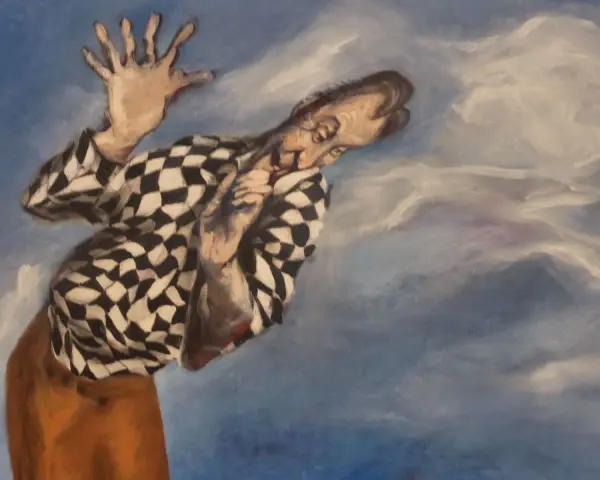 Gérard Garouste peint un homme en chemise à damiers, le visage tordu par l'émotion, les mains tendues vers un ciel tourmenté.