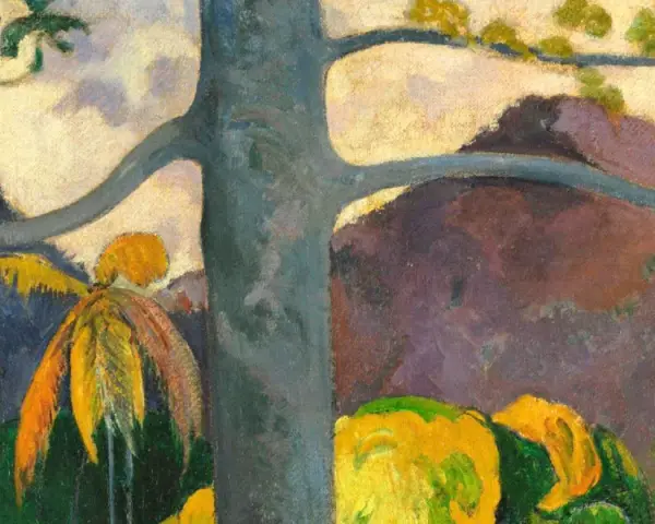 Paysage tropical aux couleurs vives, évoquant l'art de Paul Gauguin. Un tronc d'arbre domine, des feuillages jaunes et verts contrastent avec des collines pourpres.