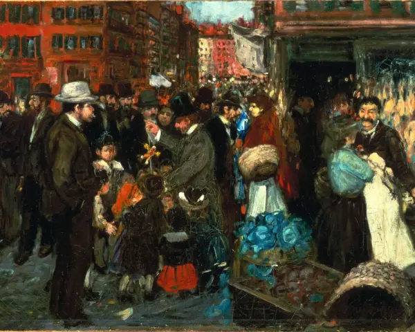 Scène de rue animée, peut-être une procession, peinte par un peintre américain du 20ème siècle. Des foules, des bâtiments et des détails colorés.