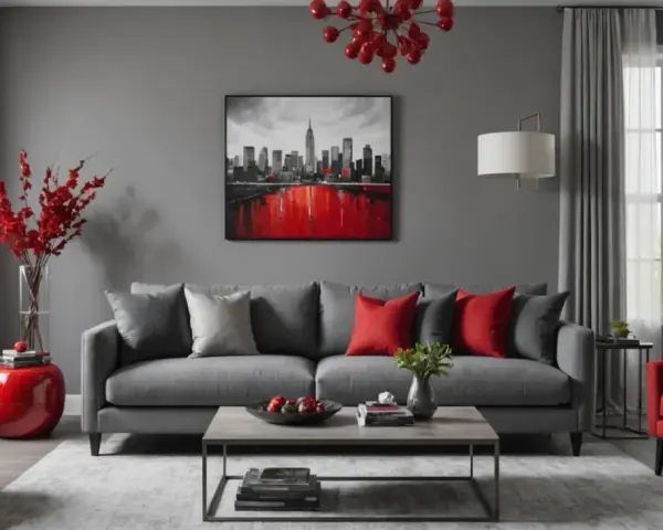 Un salon moderne aux murs gris, avec un tableau rouge noir gris de New York, un canapé gris, des coussins rouges et un fauteuil rouge.