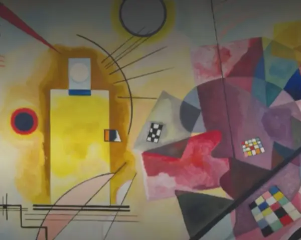 Un tableau carré rouge, jaune, bleu, avec des formes abstraites et des lignes noires.