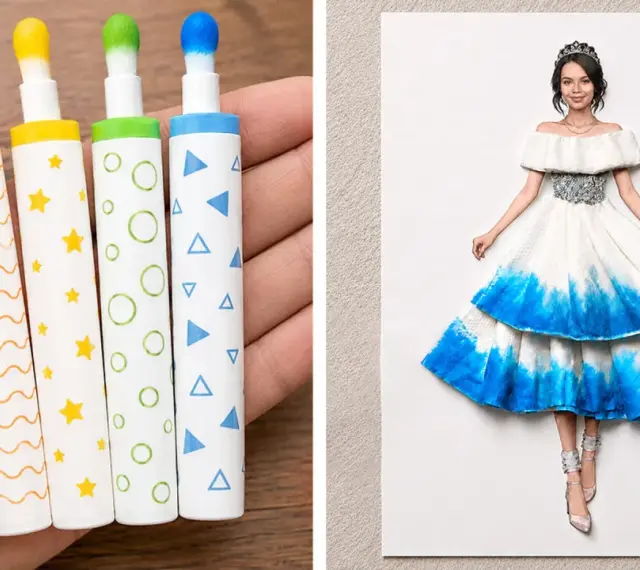 Une idée de dessin : des feutres colorés et une robe de princesse créée avec un feutre bleu.