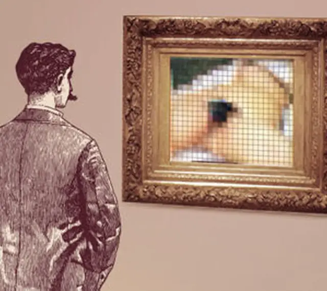 Un homme contemple un tableau pixelisé, une évocation de l'origine du monde.