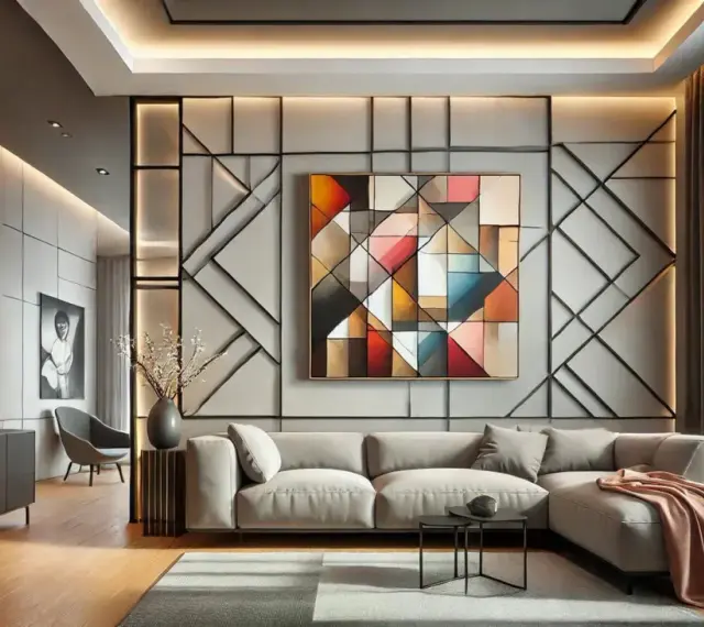 Un salon moderne avec un tableau panoramique abstrait aux formes géométriques colorées, un canapé gris et des lumières d'ambiance.