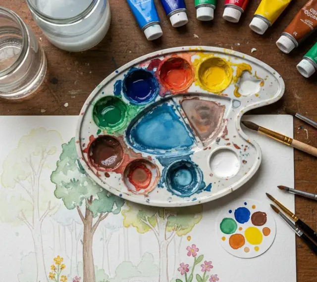 Palette de gouache peinture avec des couleurs vives, des pinceaux et une esquisse de paysage forestier.