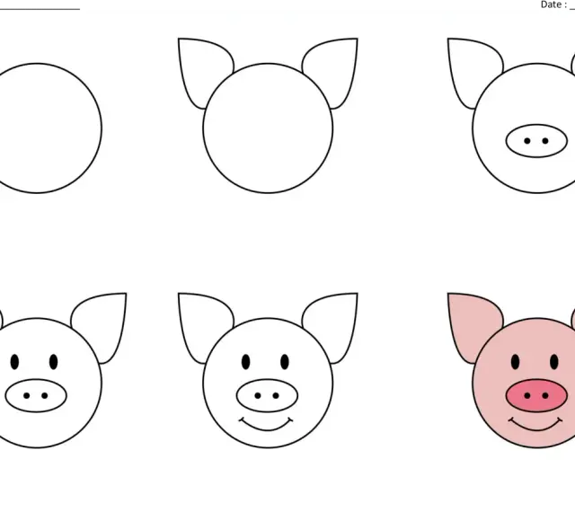 Étapes pour un dessin facile de cochon : un cercle, des oreilles, un groin, des yeux, puis un sourire.