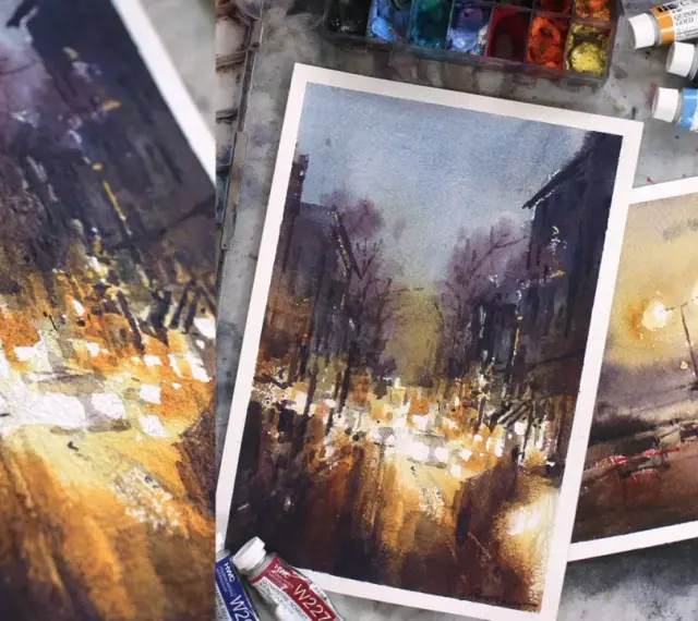 Peinture d'une ville connue la nuit, avec des lumières vives et des silhouettes sombres. L'artiste capture l'atmosphère d'une rue animée.