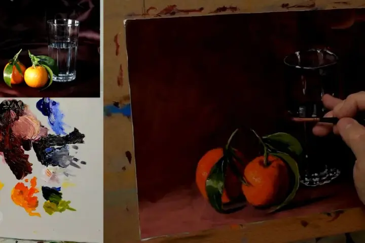 Dessin peinture acrylique : un verre d'eau et des clémentines sur une table, palette de couleurs à gauche.