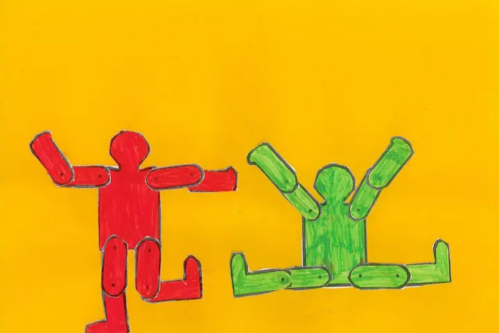 Deux bonhommes articulés, un rouge et un vert, dansent sur fond jaune, évoquant l'énergie joyeuse de Keith Haring.