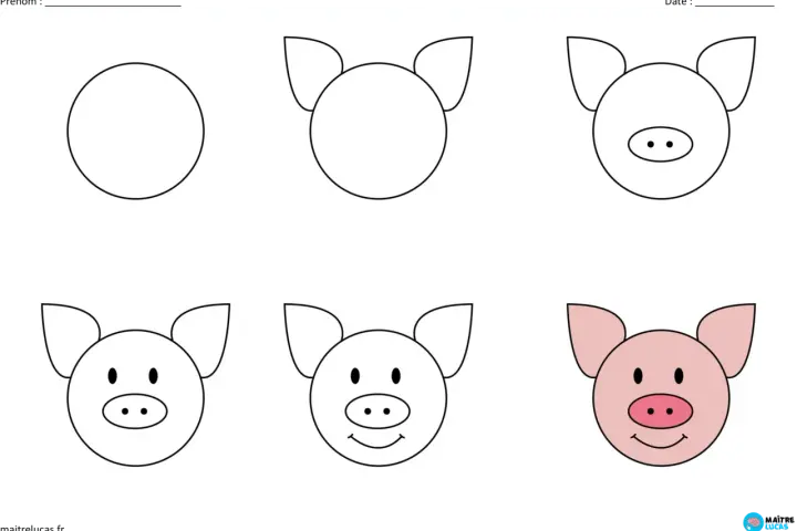 Étapes pour un dessin facile de cochon : un cercle, des oreilles, un groin, des yeux, puis un sourire.