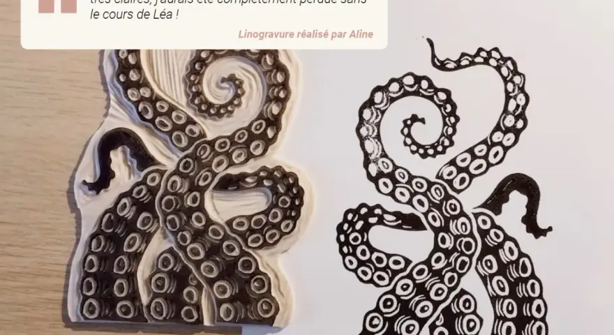 Tentation de linogravure facile : un tampon de tentacules de pieuvre et son impression.