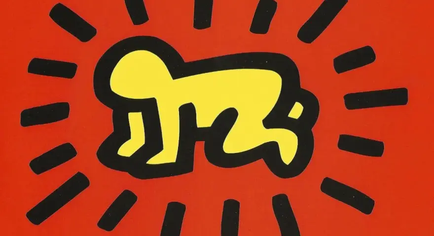 Un bébé rayonnant, une icône des œuvres d'art de Keith Haring, sur fond rouge vif.