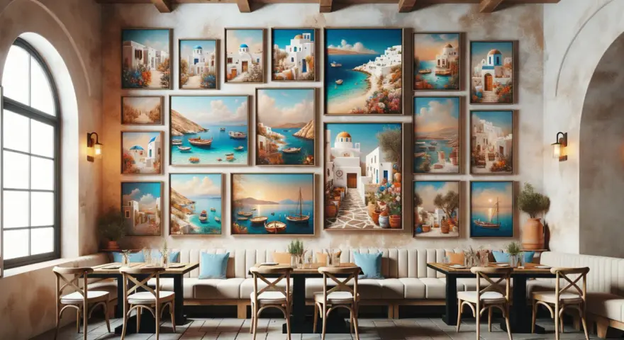 Un mur orné de peintures représentant des villages grecs pittoresques, des bateaux et des paysages marins. Ce tableau américain transporte dans une ambiance méditerranéenne.