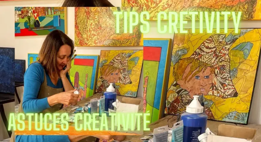 Une artiste partage ses astuces créativité dans son atelier, entourée de ses œuvres colorées.