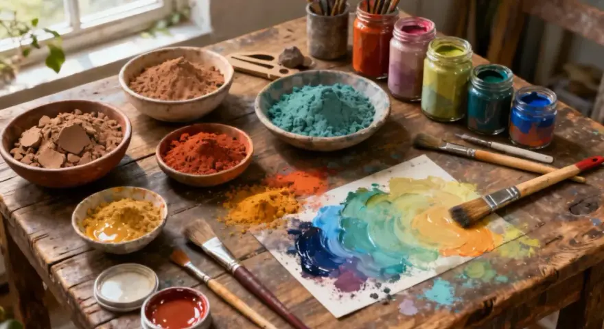 Pots de pigments colorés, pinceaux et palette de couleurs sur une table en bois, prêts pour une peinture fait maison.