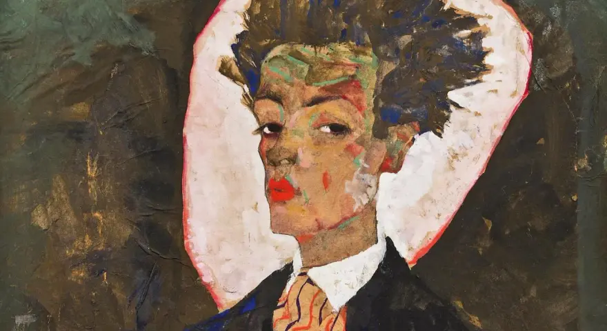 Portrait expressif d'un homme aux cheveux ébouriffés, par le peintre Schiele. Son visage est marqué par des couleurs vives et une touche de rouge à lèvres.