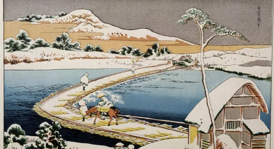 Paysage hivernal d'un peintre japonais connu. Un pont en bois traverse une rivière gelée, avec des personnages et un cerf. Une maison enneigée à droite.
