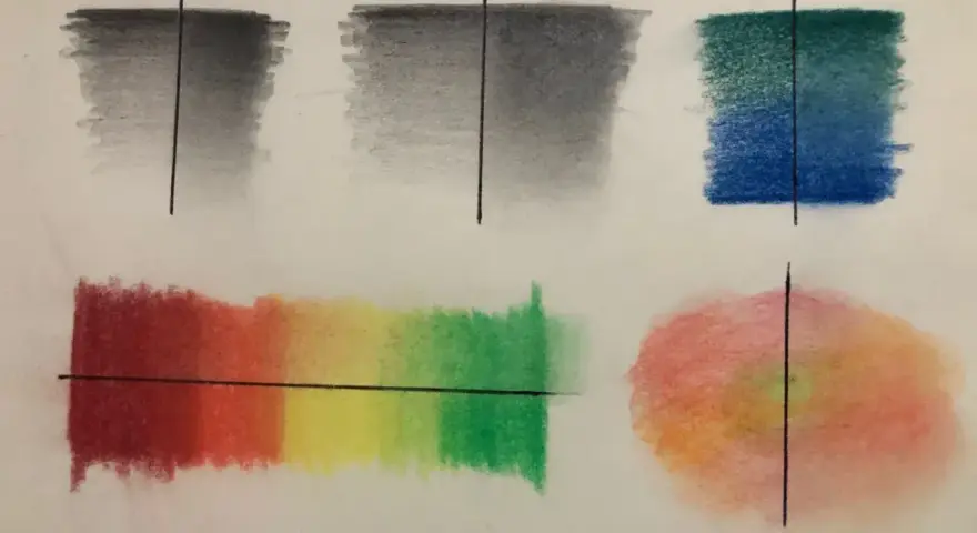 Dessin estompe montrant des dégradés de gris, bleu-vert, arc-en-ciel et rose-orange.