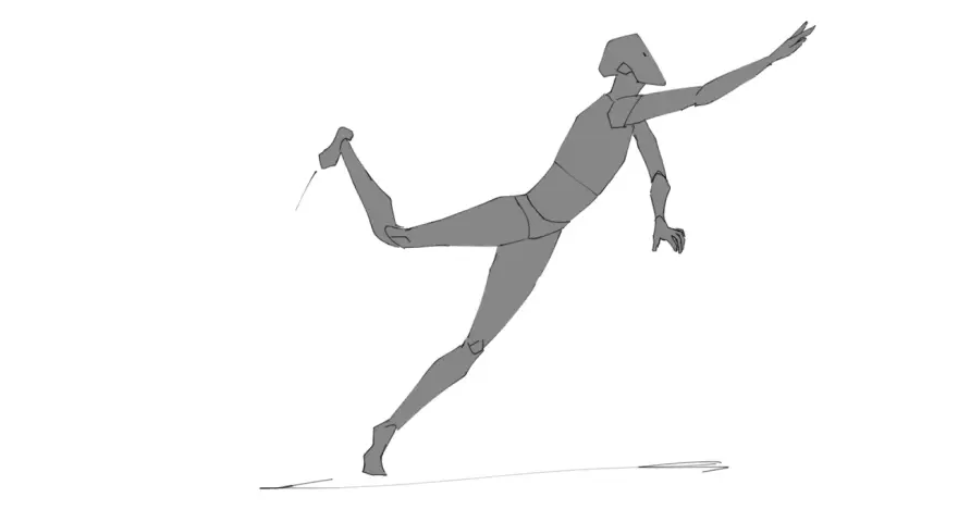 Esquisse d'une silhouette grise en mouvement, bras tendus, jambe levée, parfait pour un dessin à faire sur une toile.