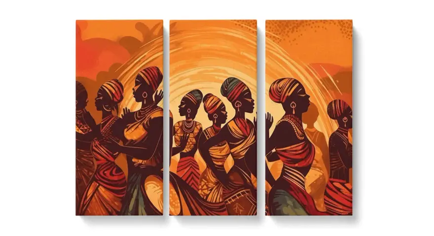 Ce tableau ethnique représente des femmes africaines stylisées dans des tenues colorées, dansant sous un soleil rayonnant.