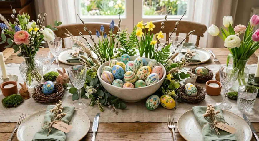 Décoration œuf de Pâques peinture : table dressée avec des œufs peints à la main, fleurs printanières et lapins en céramique.