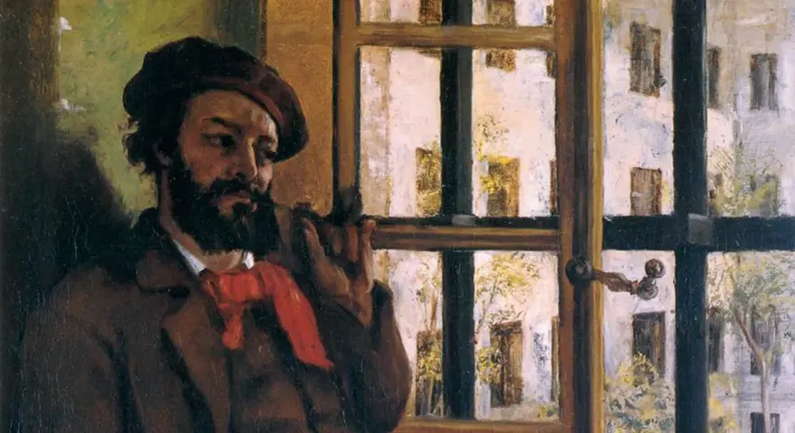 Un homme à la barbe noire, portant un béret et une écharpe rouge, fume une pipe près d'une fenêtre. Une peinture réaliste moderne.