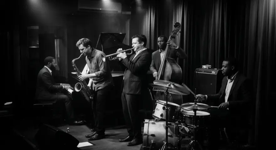 Un tableau musique noir et blanc d'un groupe de jazz jouant dans un club sombre. Un pianiste, un saxophoniste, un trompettiste, un contrebassiste et un batteur sont présents.