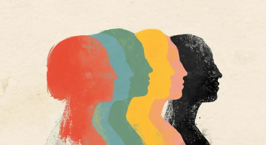 Un tableau contemporain abstrait de silhouettes de visages colorés, alignées et se superposant, évoquant la diversité et l'unité.