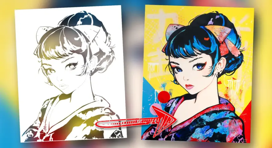 Une peinture japonaise vibrante d'une jeune femme aux yeux bleus intenses et aux cheveux noirs ornés d'un ruban coloré.