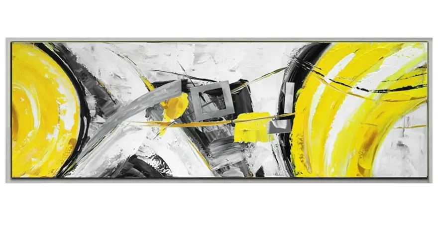 Tableau abstrait jaune moutarde et gris, avec des formes dynamiques et des coups de pinceau audacieux.