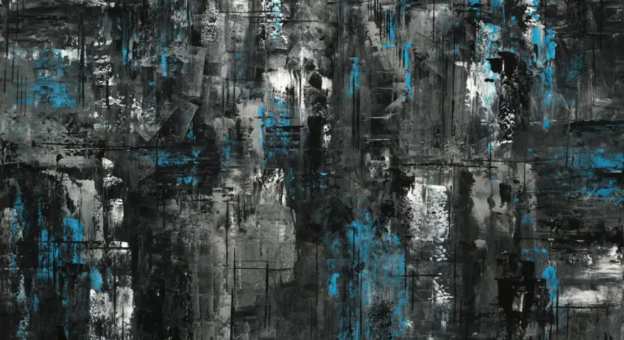 Tableau abstrait noir et bleu avec des textures et des coups de pinceau visibles.